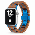 Apple Watch band with koa wood links and blue steel center strap and buckles