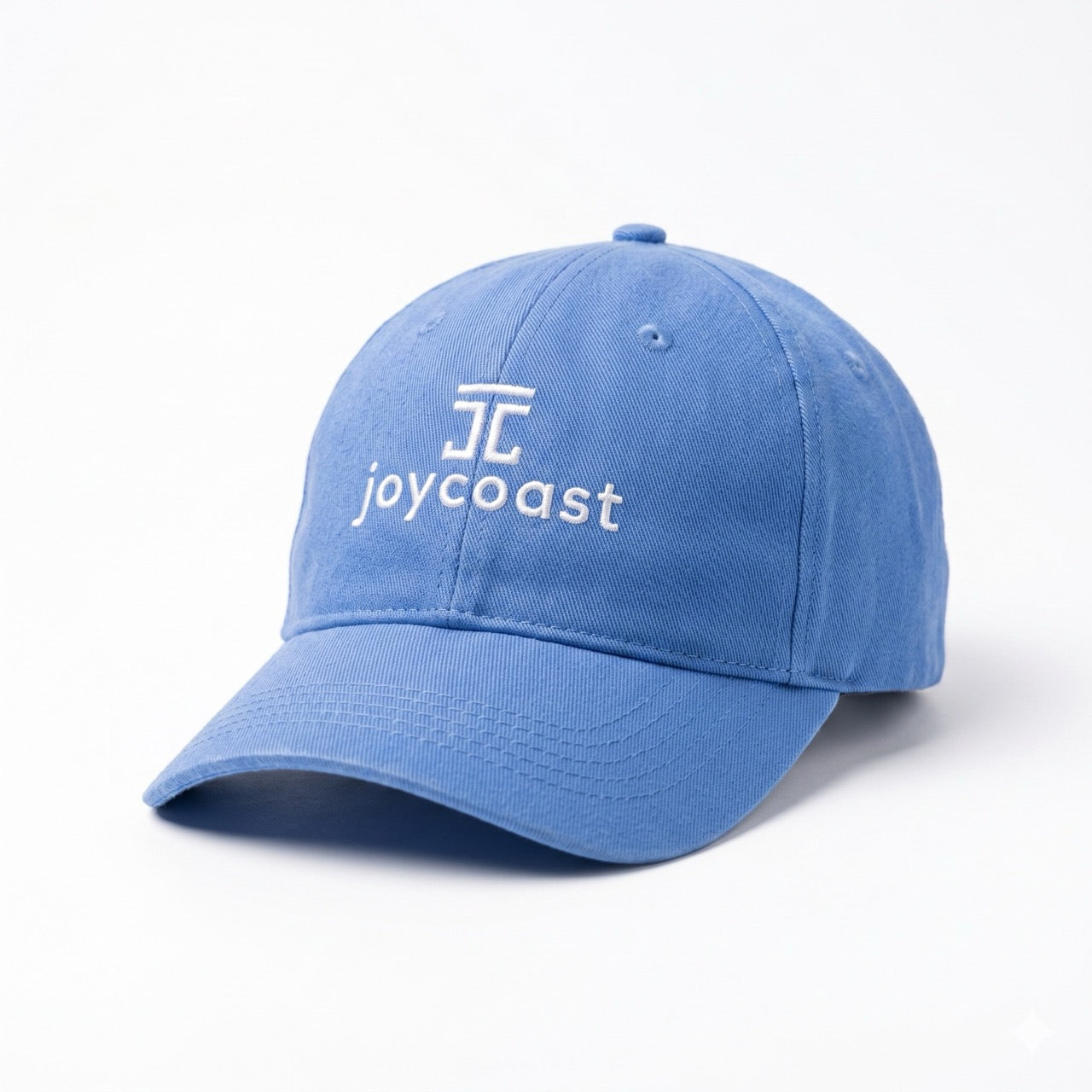 Sky blue baseball cap with Joycoast front logo and curved brim