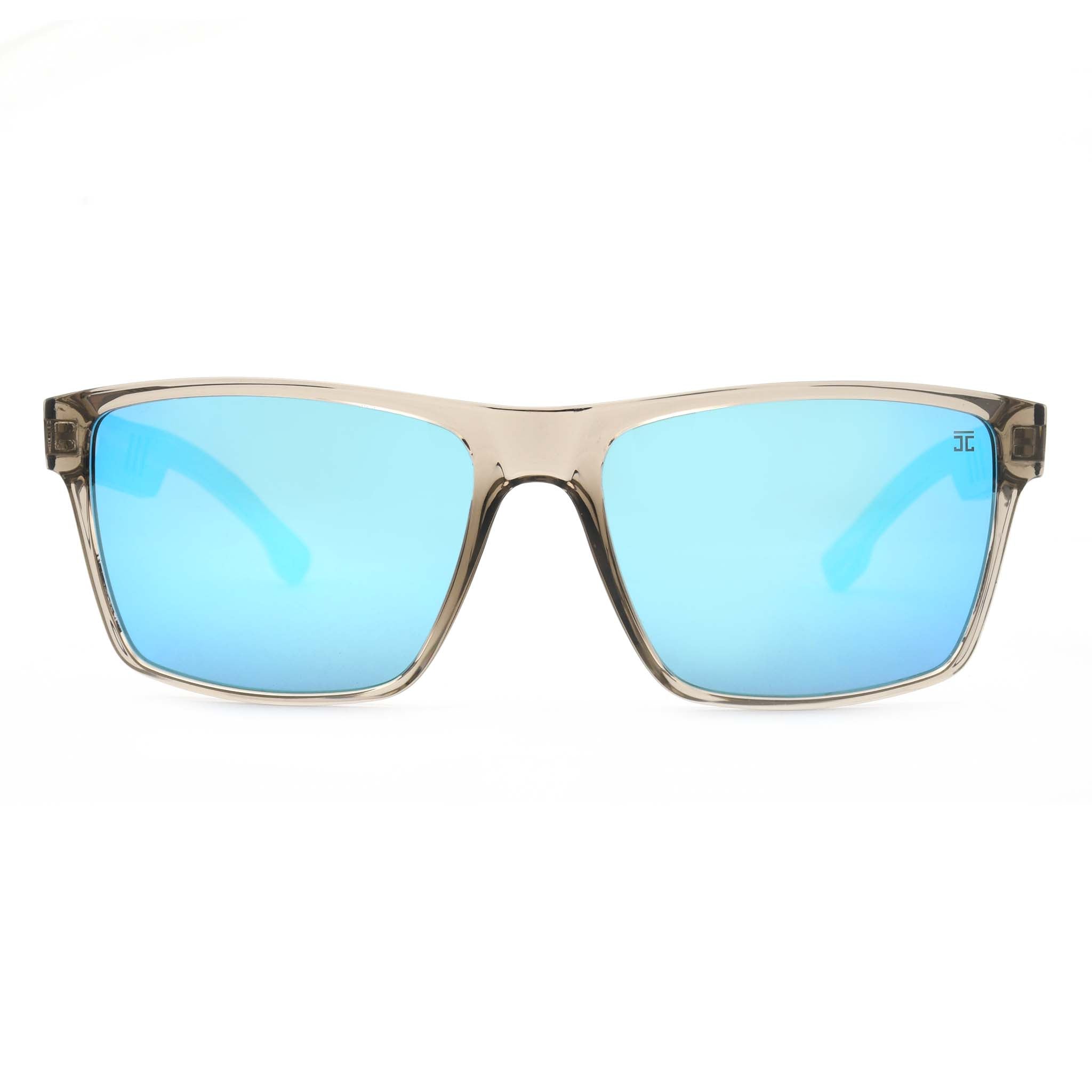 Joycoast Apex transparent frame sunglasses with blue reflective lenses, viewed from the front on a white background.