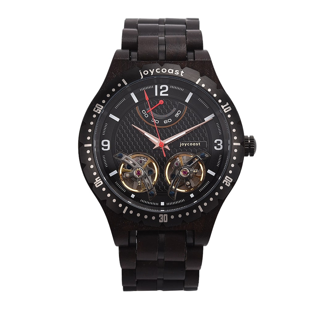 Joycoast men's watch with a black sandalwood band and a dark face with gold accents, on a white background.