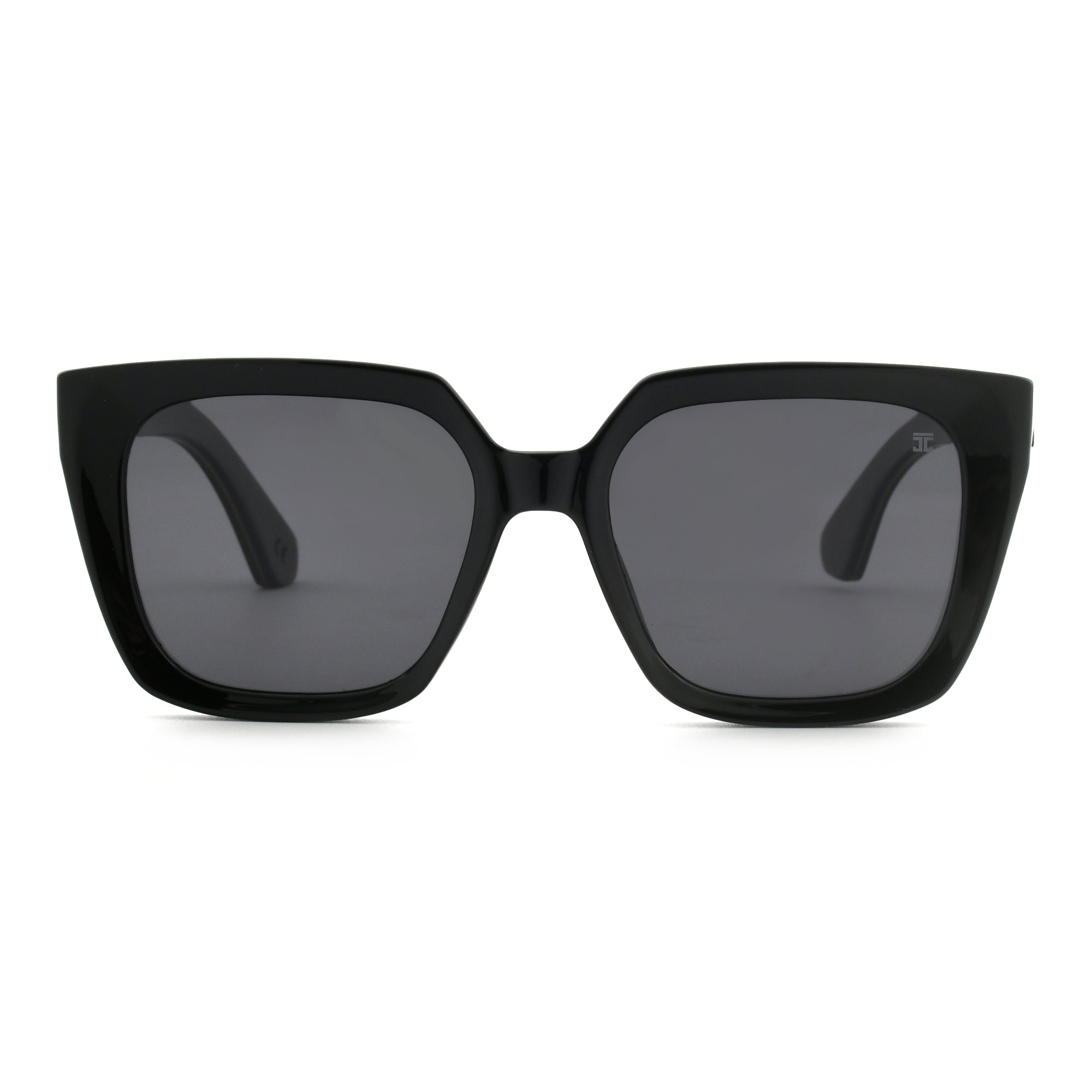 Black square sunglasses with dark lenses, viewed from the front on a white background.