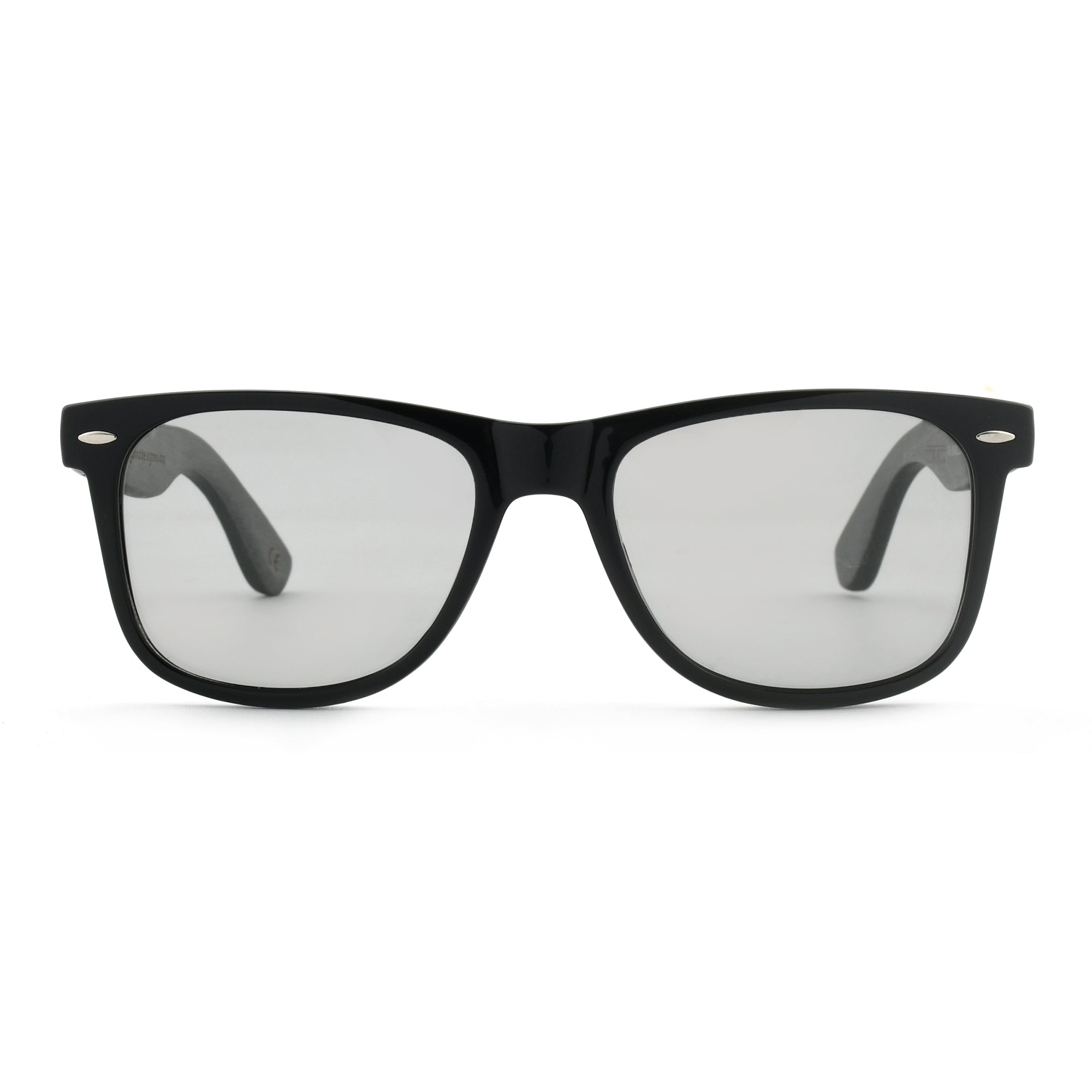 Joycoast black wooden eyeglasses with clear lenses, viewed from the front on a white background.
