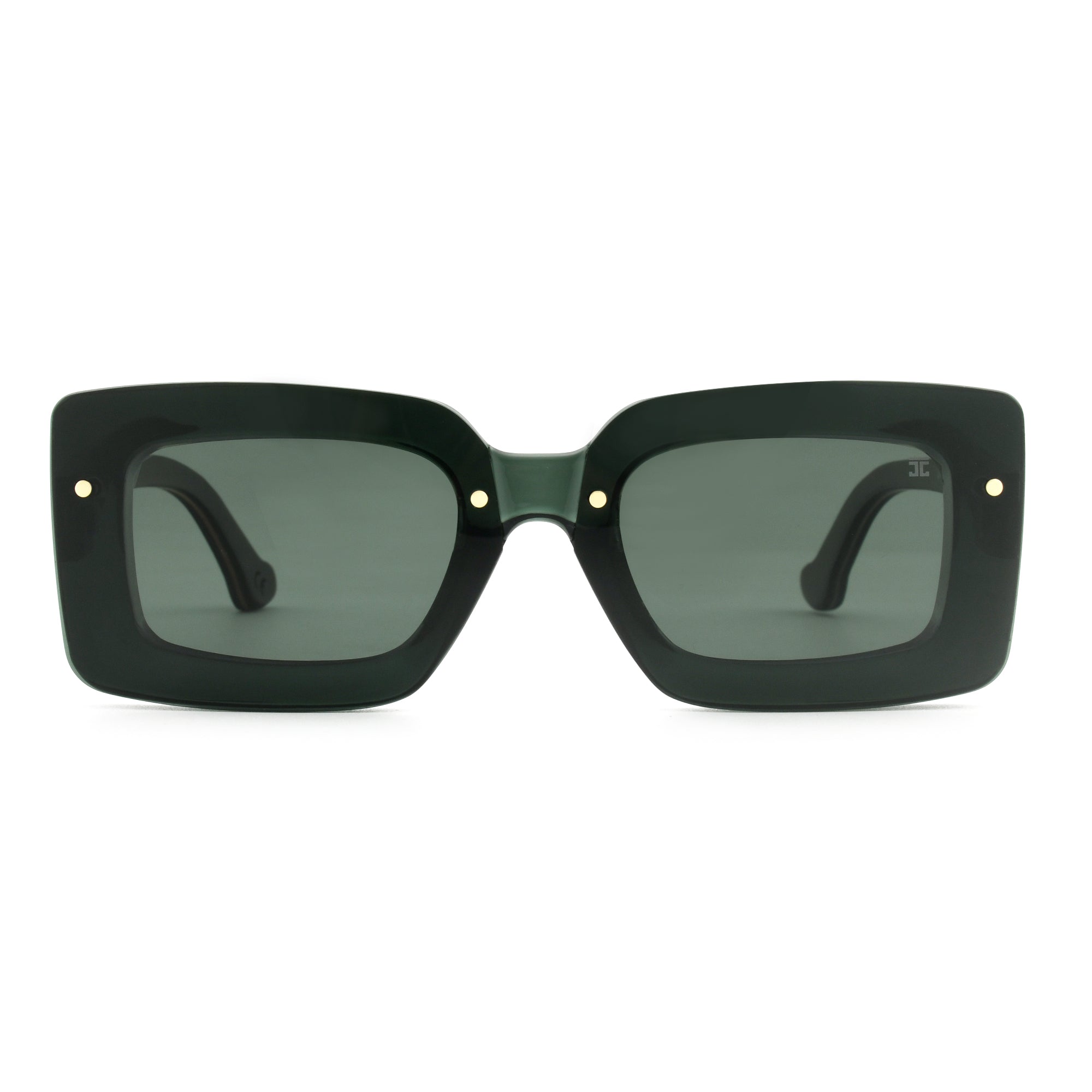 Joycoast black wooden square sunglasses with dark green polarized lenses, viewed from the front on a white background.