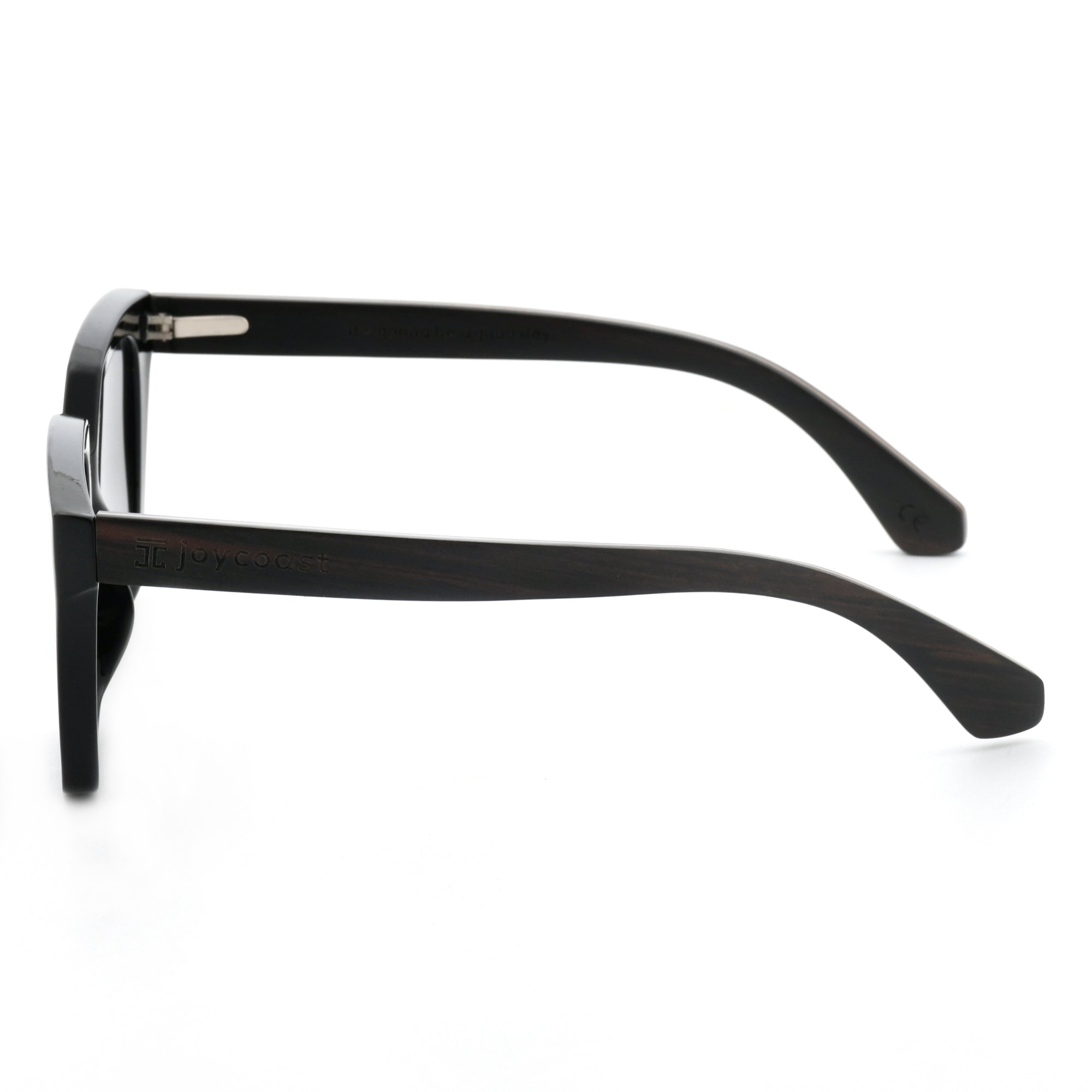 Black wooden square sunglasses with dark lenses, viewed from the top left side on a white background, showing wooden texture.