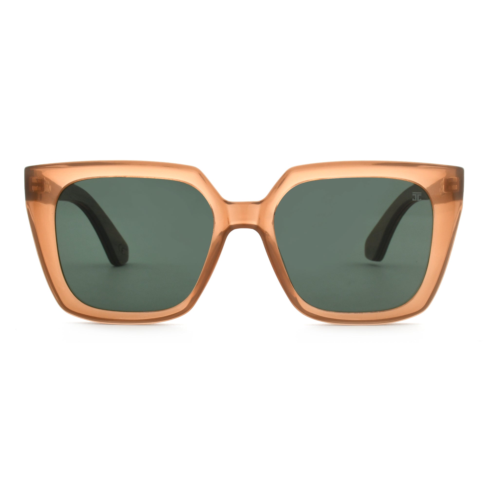 Brown square sunglasses with dark green lenses, viewed from the front on a white background.