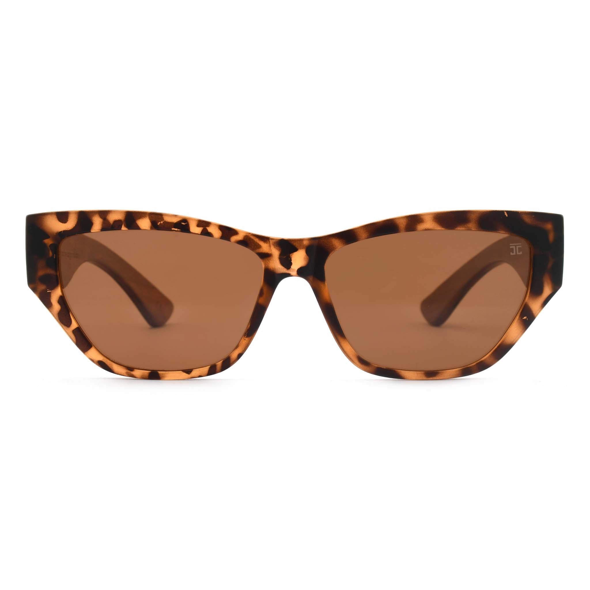 Joycoast Juniper tortoise shell sunglasses with brown lenses, viewed from the front on a white background.
