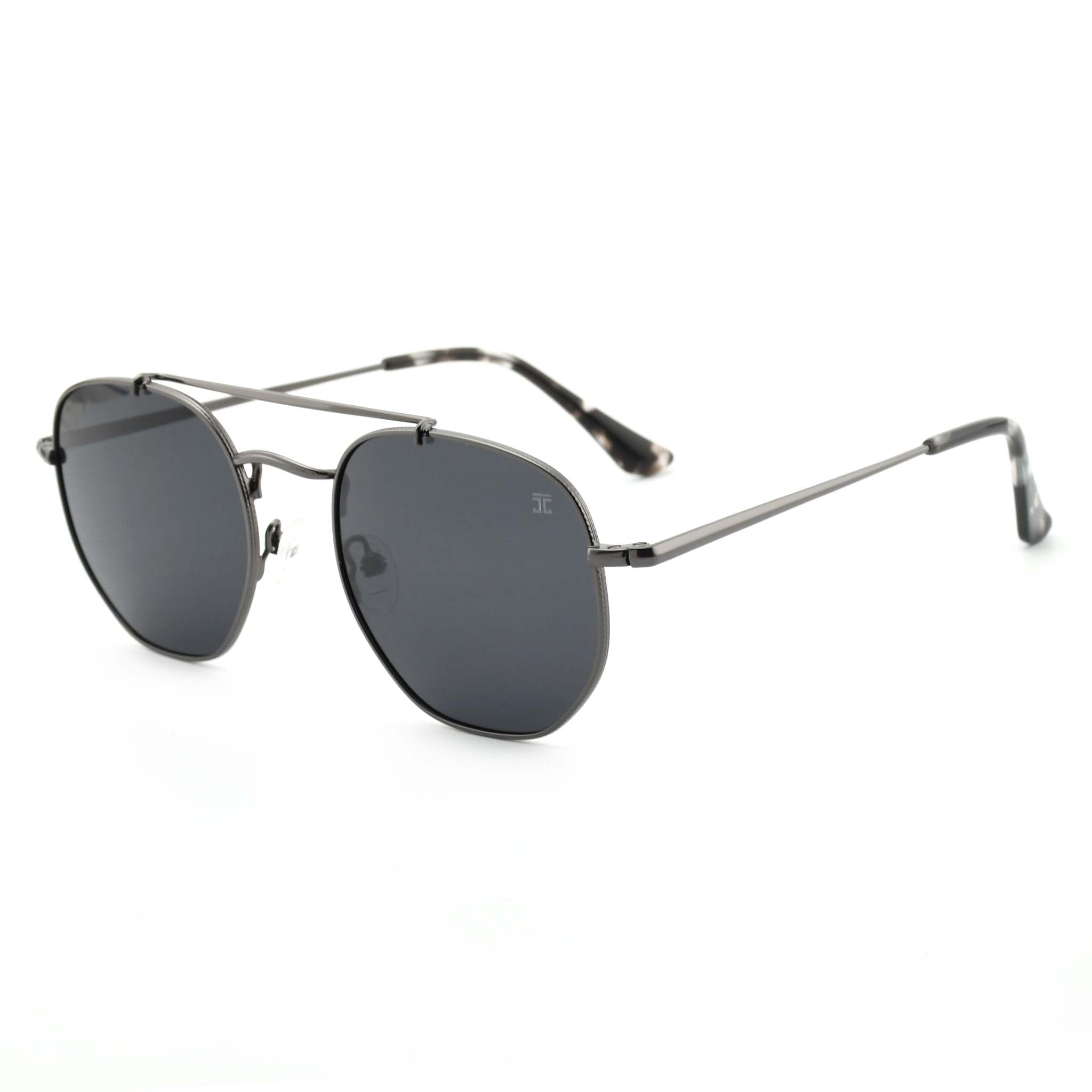 Joycoast Skyline black metal sunglasses with dark lenses, viewed from an angle on a white background.