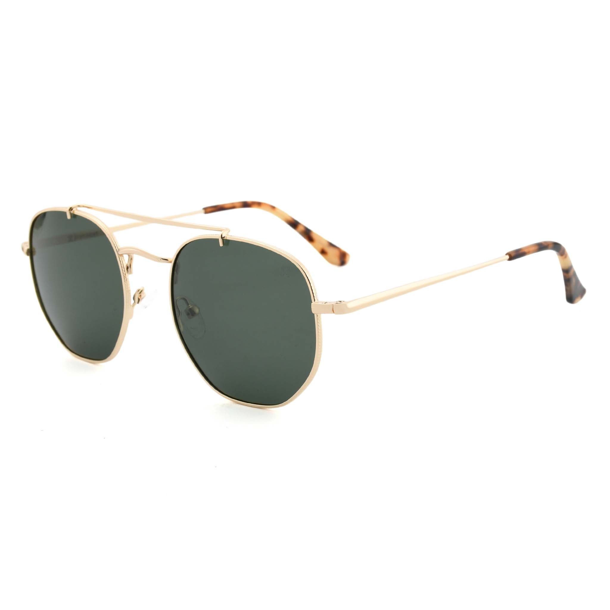 Joycoast Skyline gold metal sunglasses with dark green lenses, viewed from an angle on a white background.