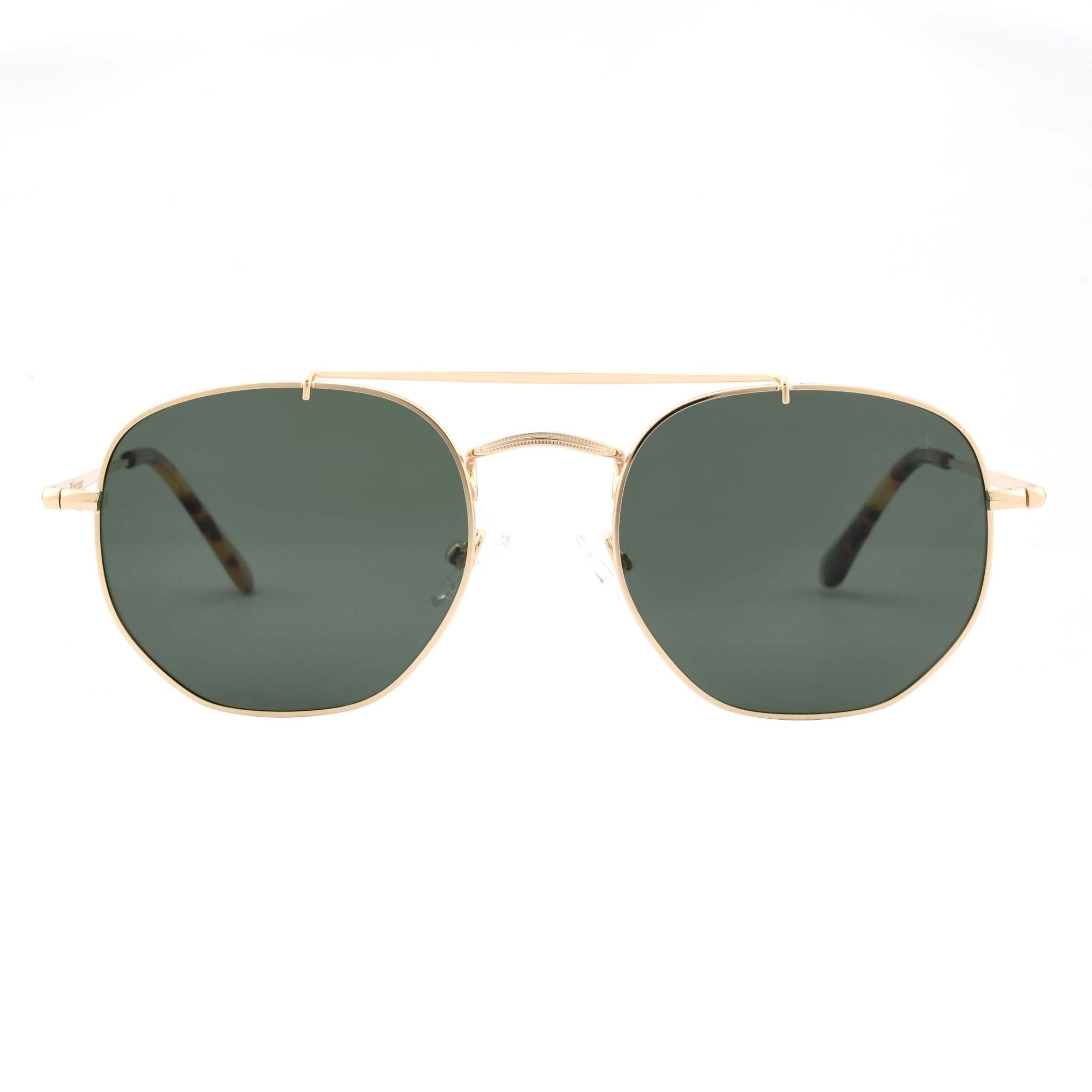 Joycoast Skyline gold metal sunglasses with dark green lenses, viewed from the front on a white background.