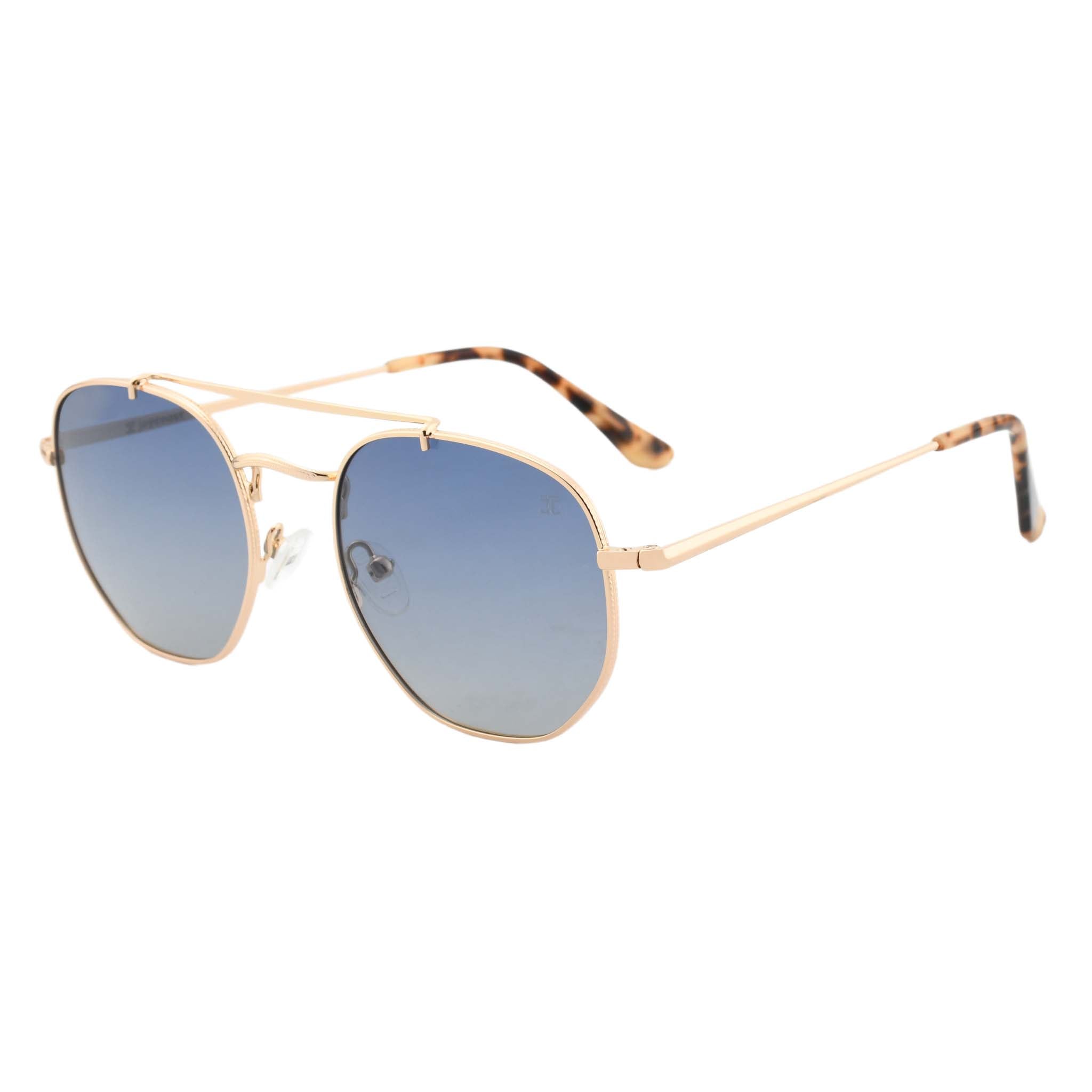 Joycoast Skyline gold metal sunglasses with light blue gradient lenses, viewed from an angle on a white background.