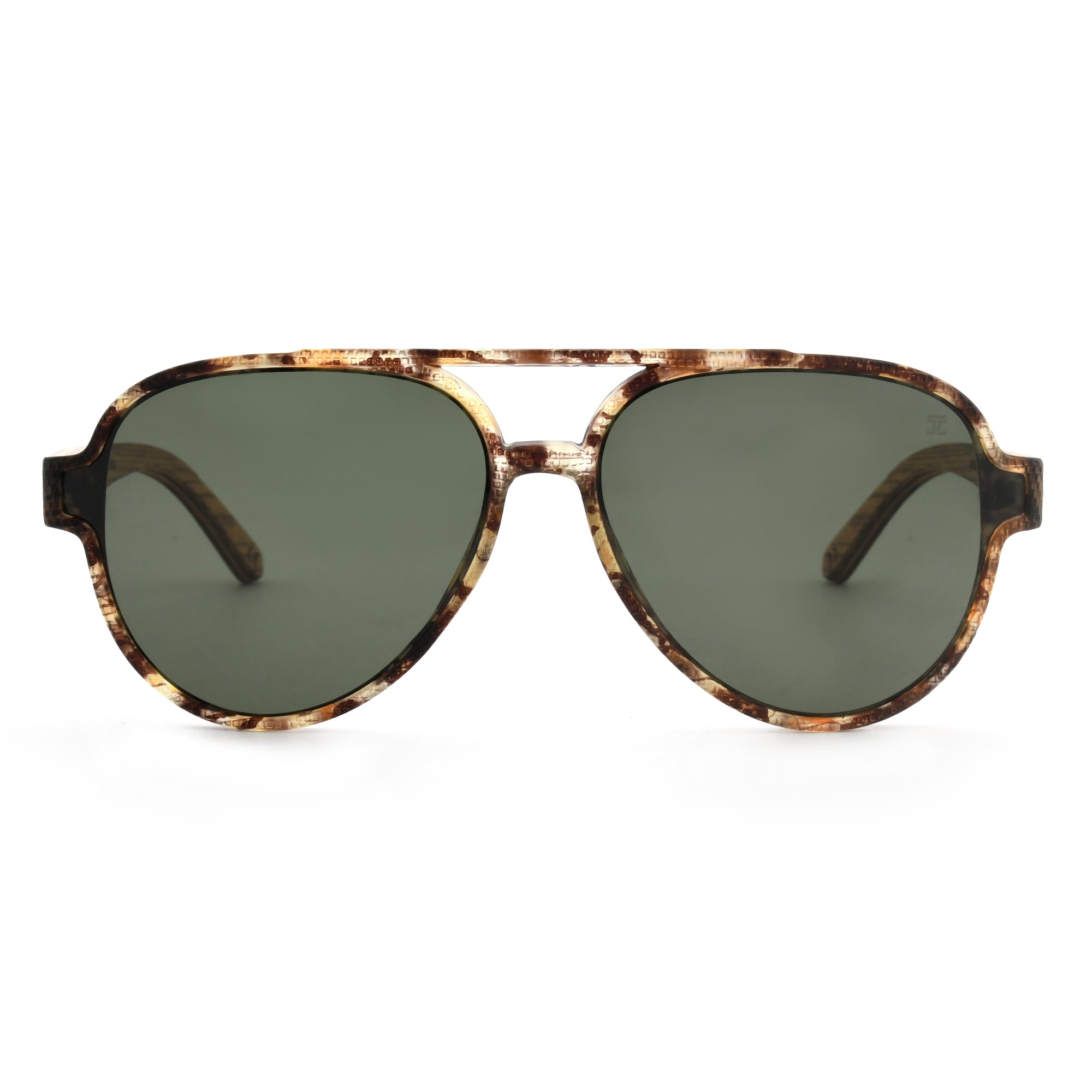 Joycoast tortoise shell wooden aviator sunglasses with dark green lenses on a white background.