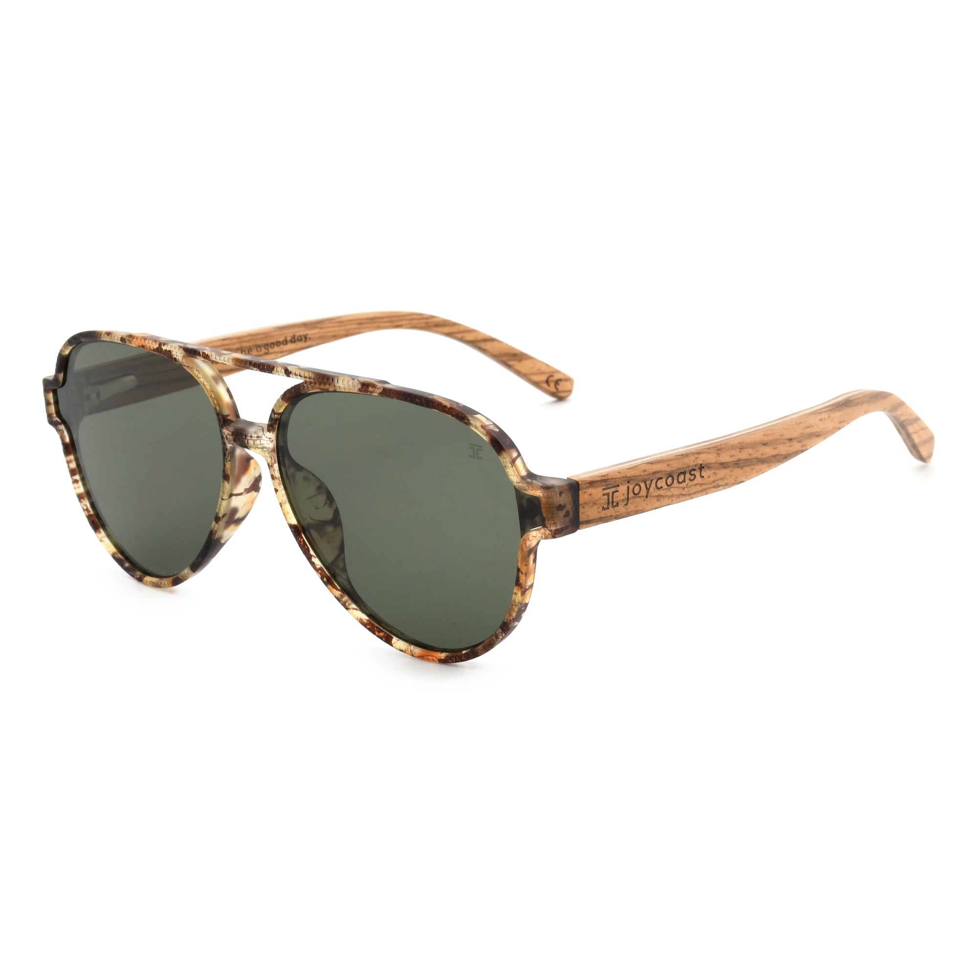 Joycoast tortoise shell wooden aviator sunglasses with dark green lenses and wooden temples, viewed from the side on a white background.