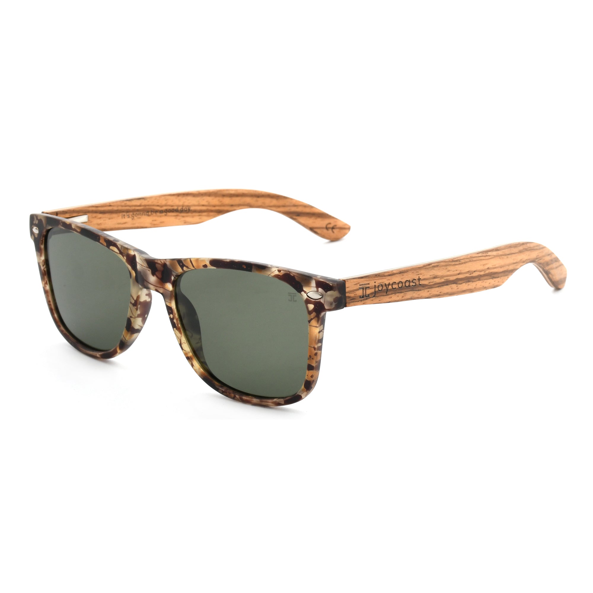 A pair of Joycoast walnut wood sunglasses with a unique wood grain pattern, featuring polarized lenses and tortoise acetate frame.