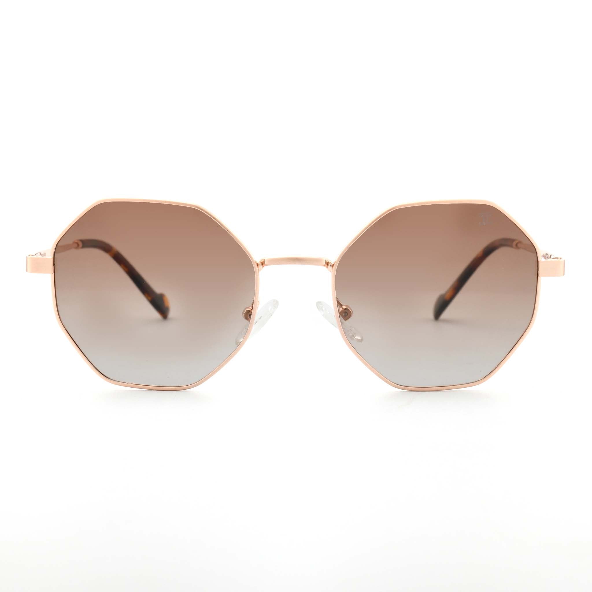 Joycoast Vesuvio red hexagon-frame sunglasses with brown gradient lenses, viewed from the front on a white background.