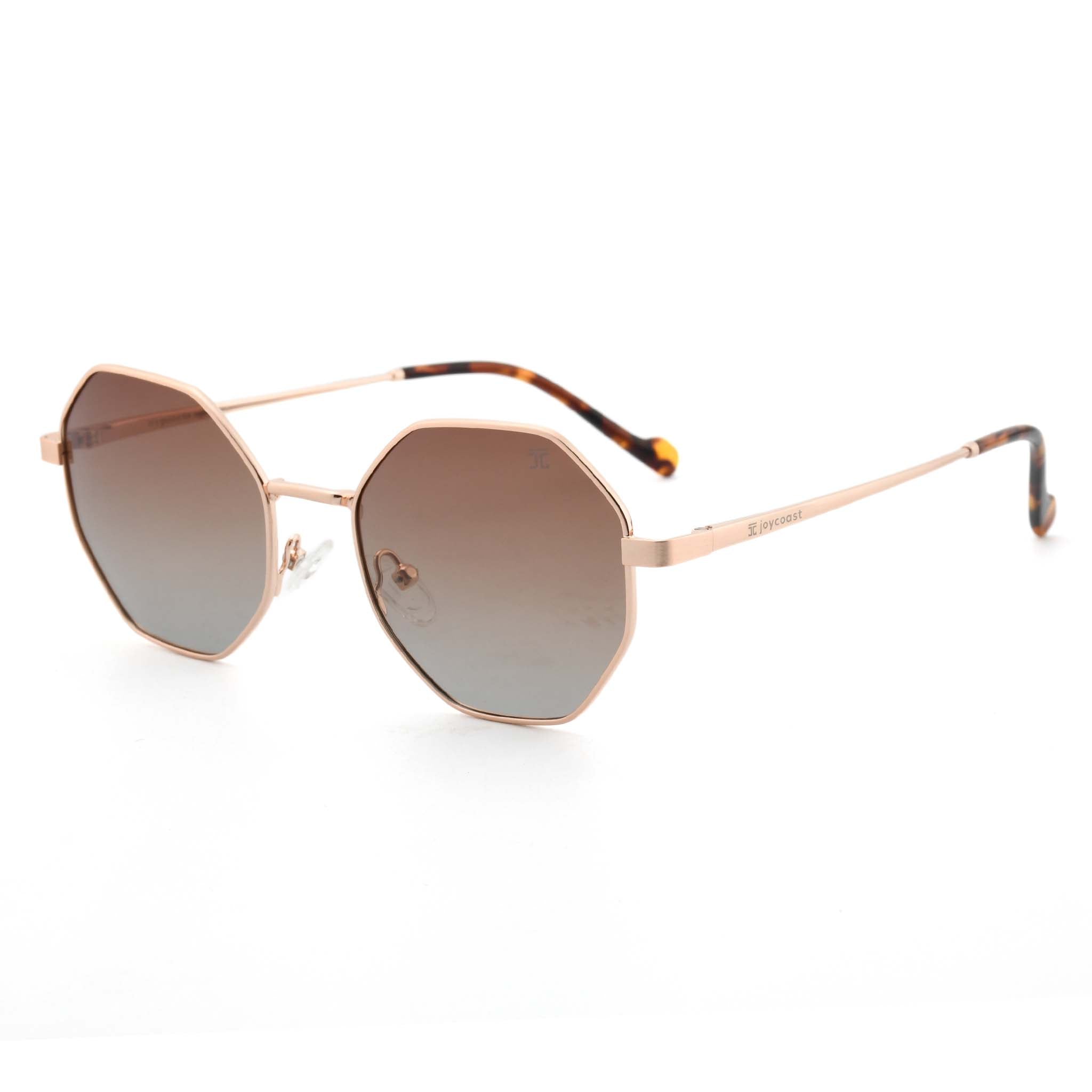 Joycoast Vesuvio red hexagon-frame sunglasses with brown gradient lenses, viewed from a side angle on a white background.
