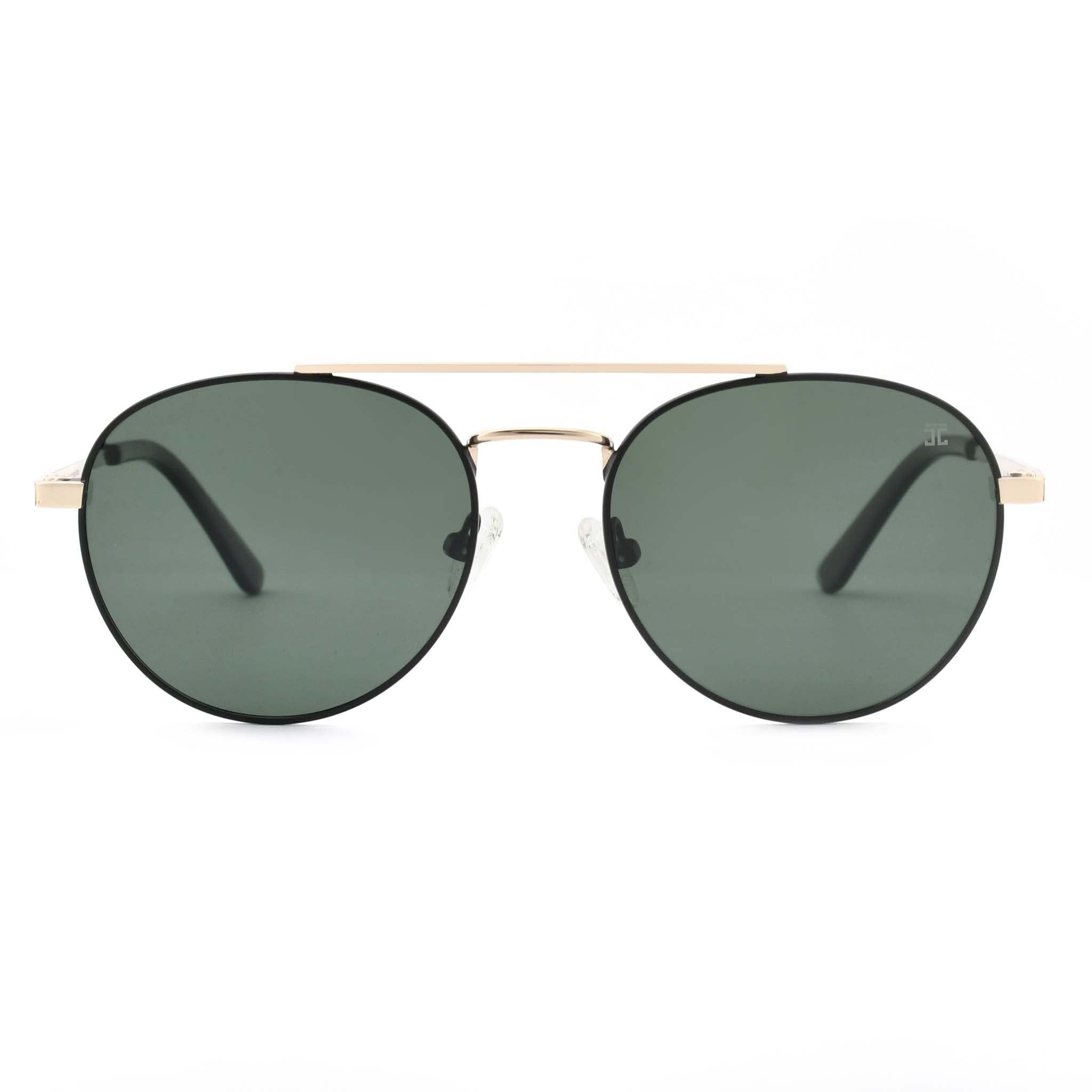 Joycoast Willow round gold sunglasses with dark green lenses, viewed from the front on a white background.