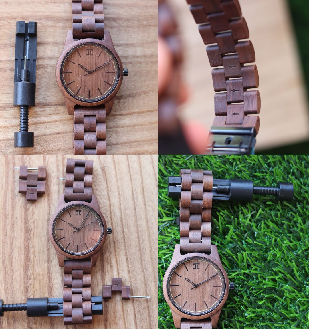 A wooden watch featuring a natural wood case and strap, showcasing an adjustable and eco-friendly design.