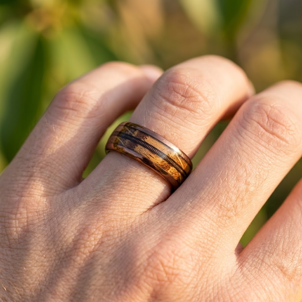 A man's hand displays a rustic wooden ring, emphasizing its organic shape and warm tones.
