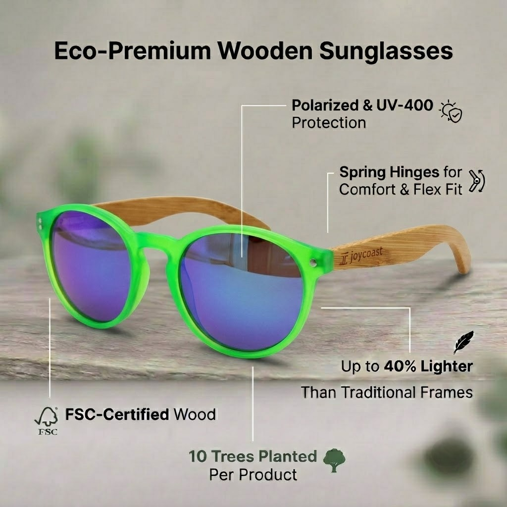 Kids wooden sunglasses with green frame and purple-blue lenses, polarized UV400