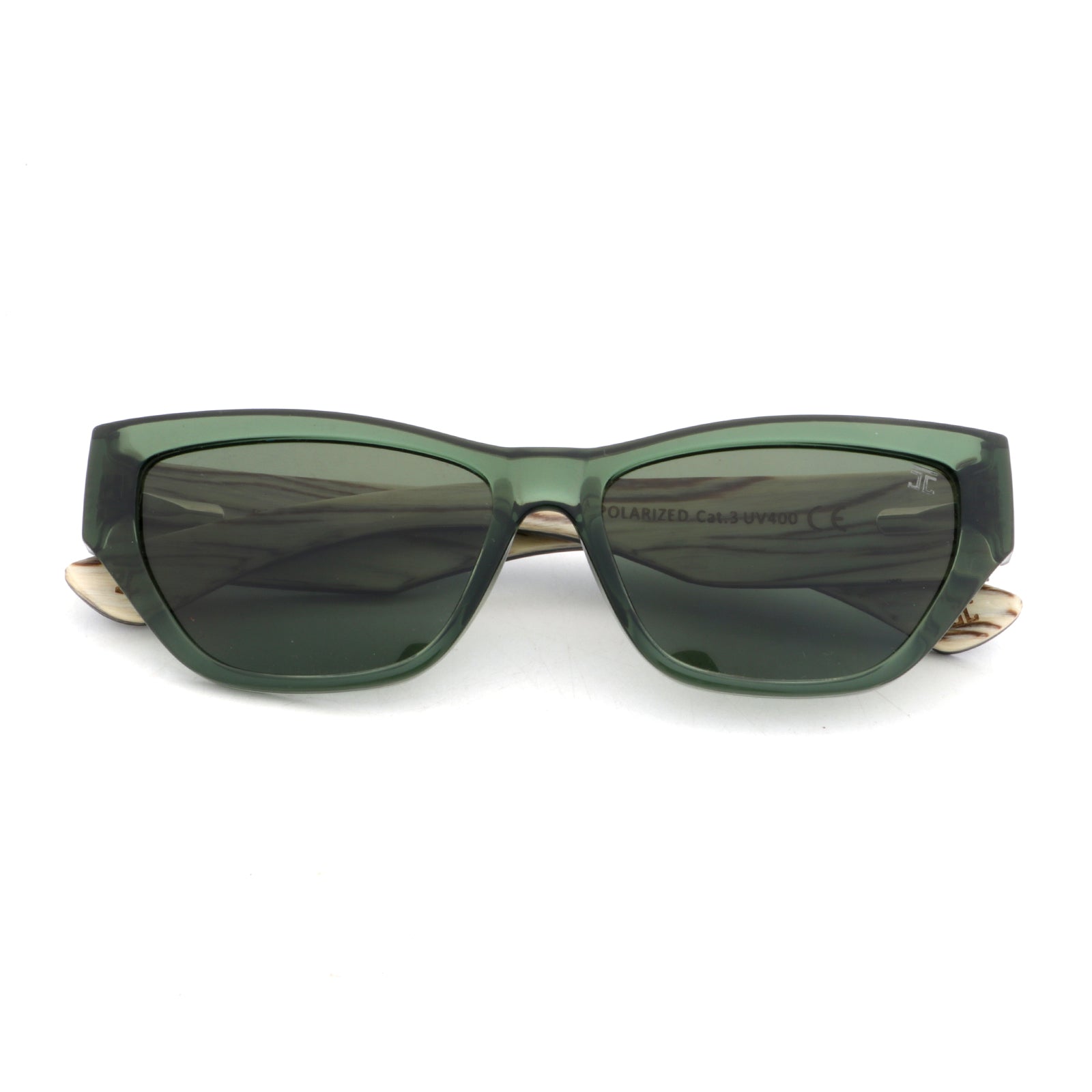 Green cat-eye style wooden sunglasses with dark green-tinted lenses