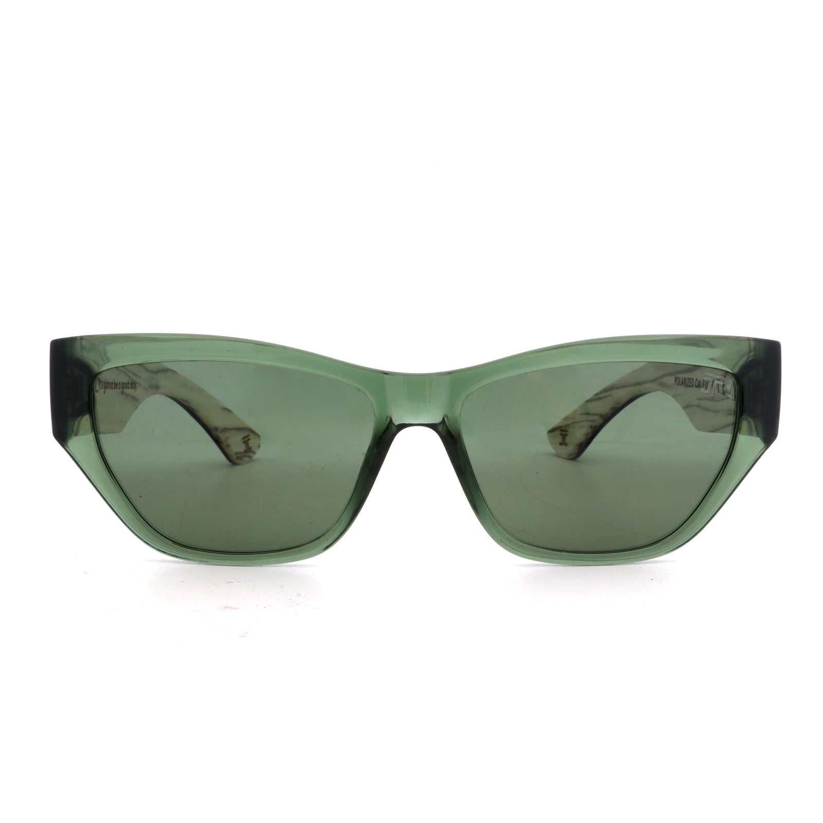 Green lens wooden sunglasses with dark top frame and engraved temples