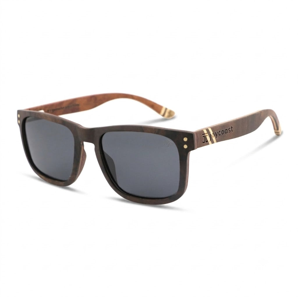 Burl walnut wayfarer sunglasses with dark lenses and slim tan temples