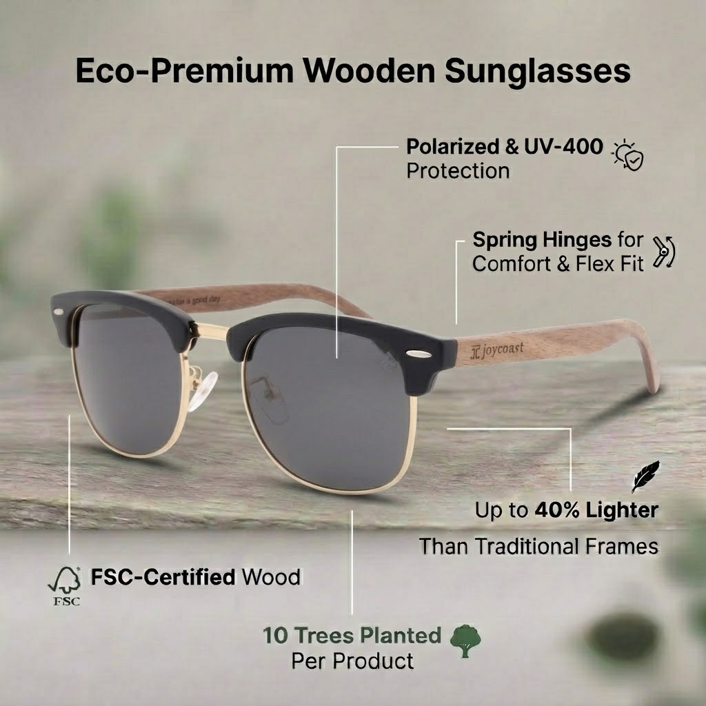 Kennedy walnut clubmaster wooden sunglasses with dark lenses and black frame