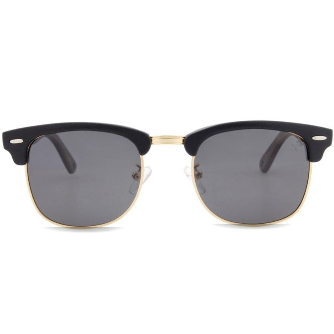 Clubmaster wooden sunglasses with black frame, round dark lenses and gold bridge