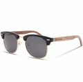 Kennedy walnut clubmaster wooden sunglasses, side view, dark lenses, black frame
