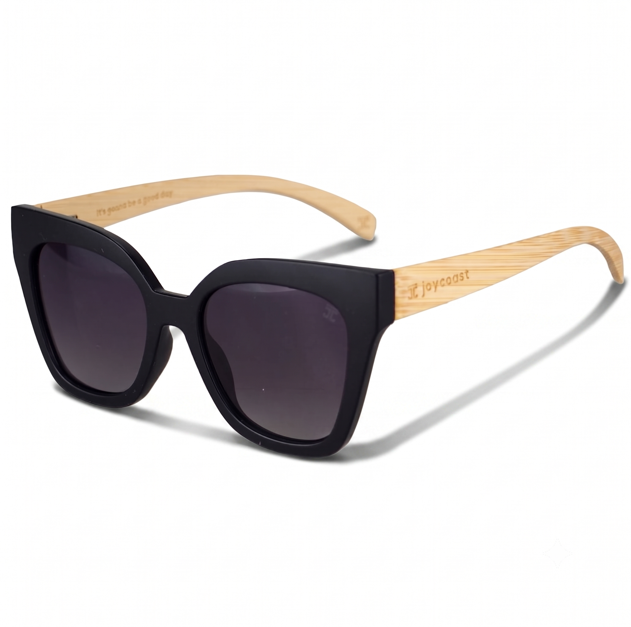 Walnut cat-eye wooden sunglasses, black frames and light wood arms