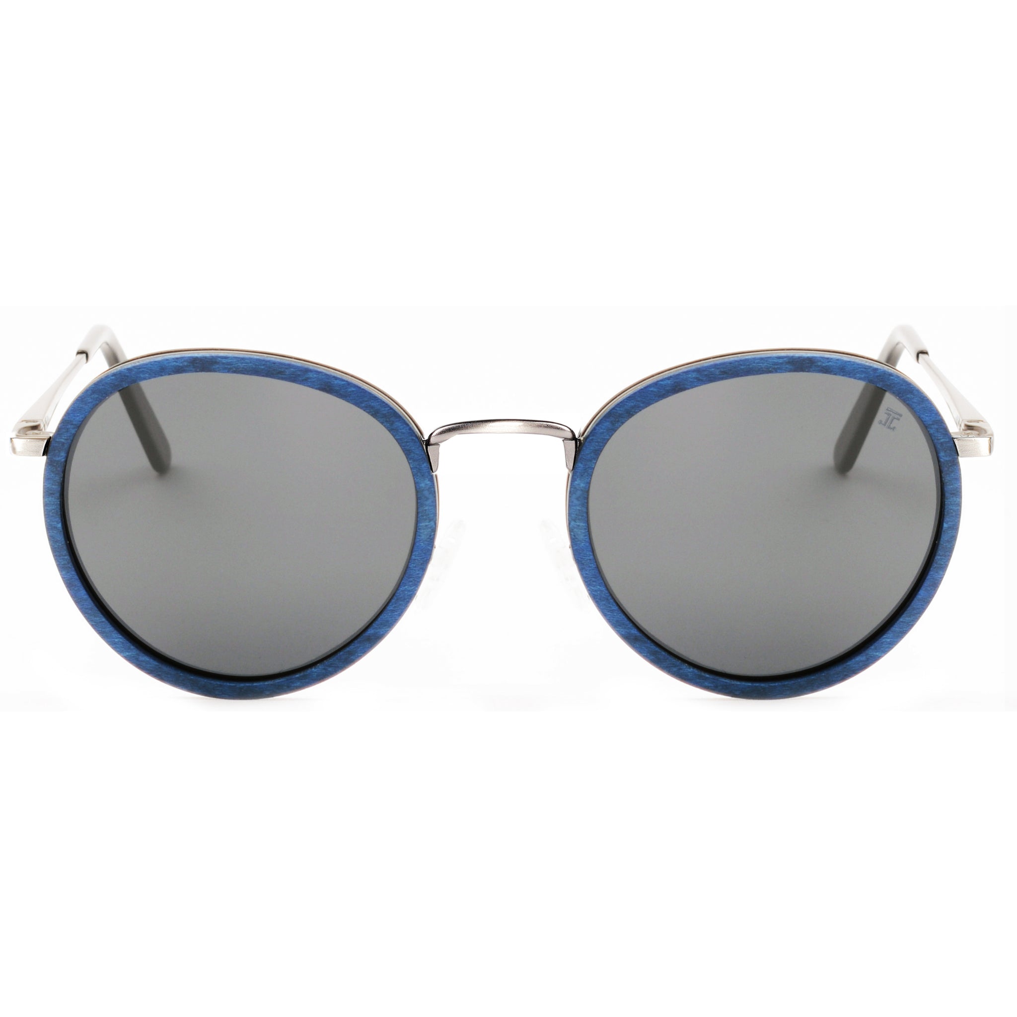 Round sunglasses with blue frames and dark lenses on a white background
