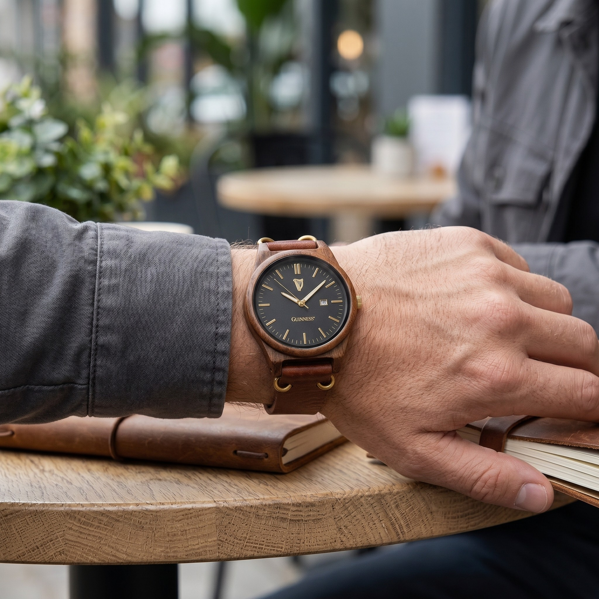 Walnut leather strap watch on wrist, dark face with gold markers and date window at 3.