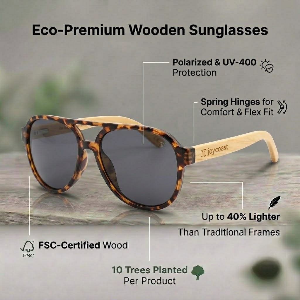Amber tortoise wooden sunglasses with dark lenses and light wood arms