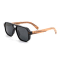 Polarized aviator sunglasses with dark lenses and wood-tone arms
