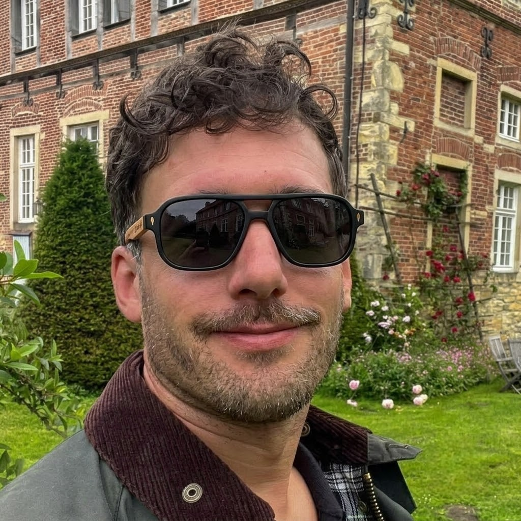 Wood-accent aviator sunglasses with dark lenses and black frame, angled side view