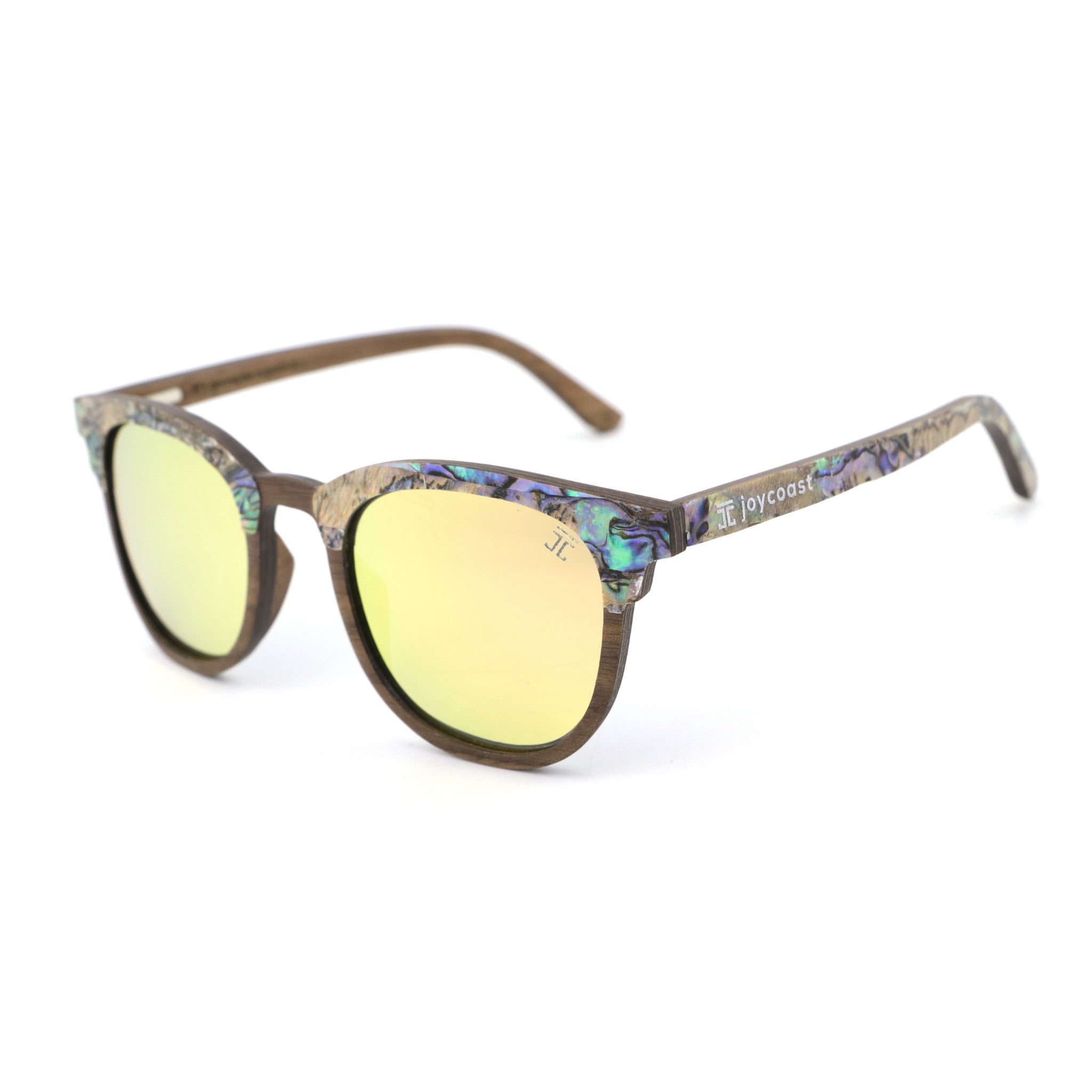 Round wooden sunglasses Joycoast with iridescent abalone temples and yellow lenses