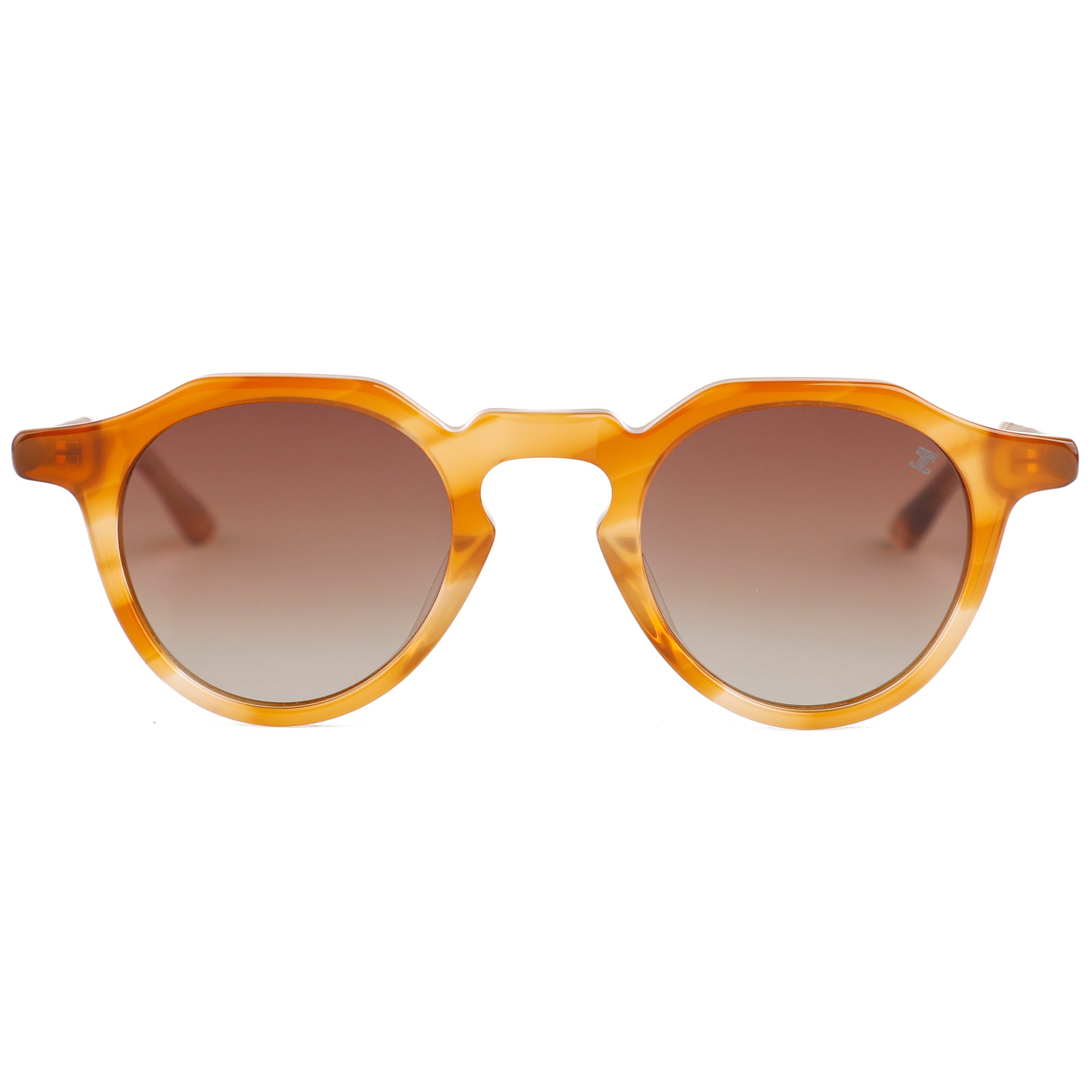Amber wooden sunglasses with gradient brown lenses and round acetate frame