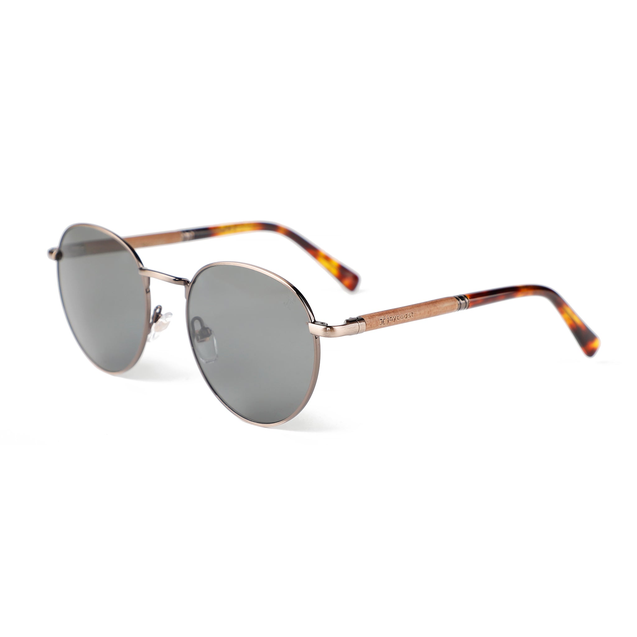 Kids round sunglasses, dark gray lenses with rose-gold metal and tortoise side arms