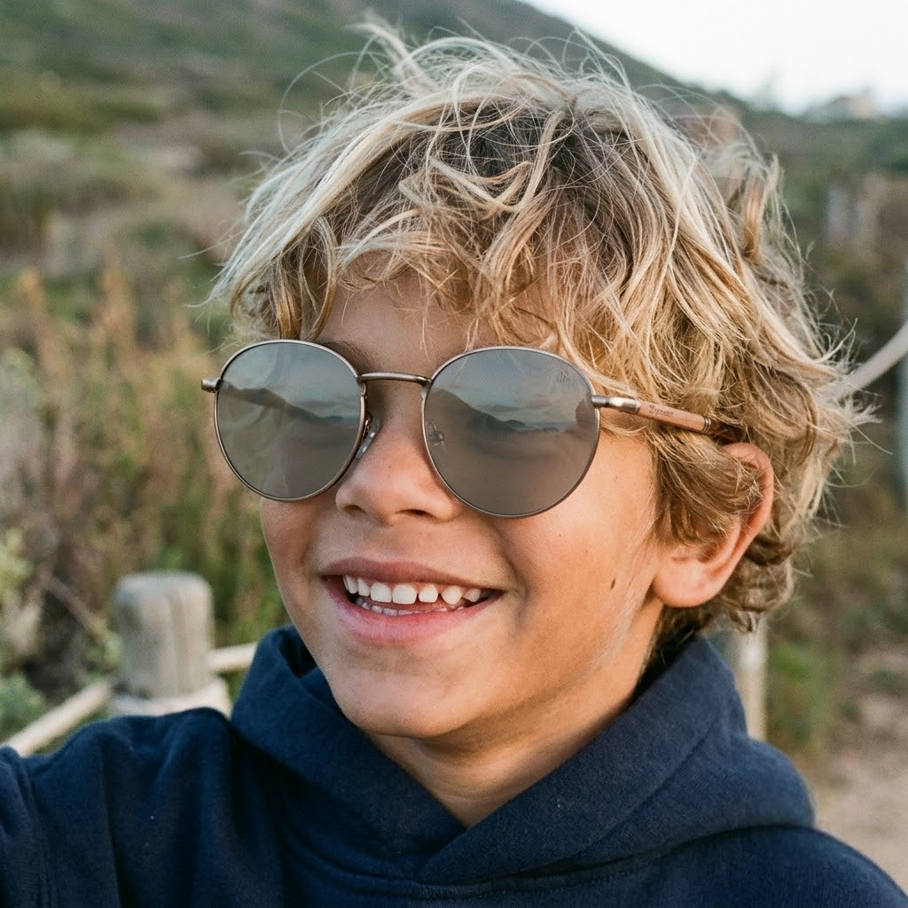 Round dark-tinted kids sunglasses with metal temples and maple wood accents, on child