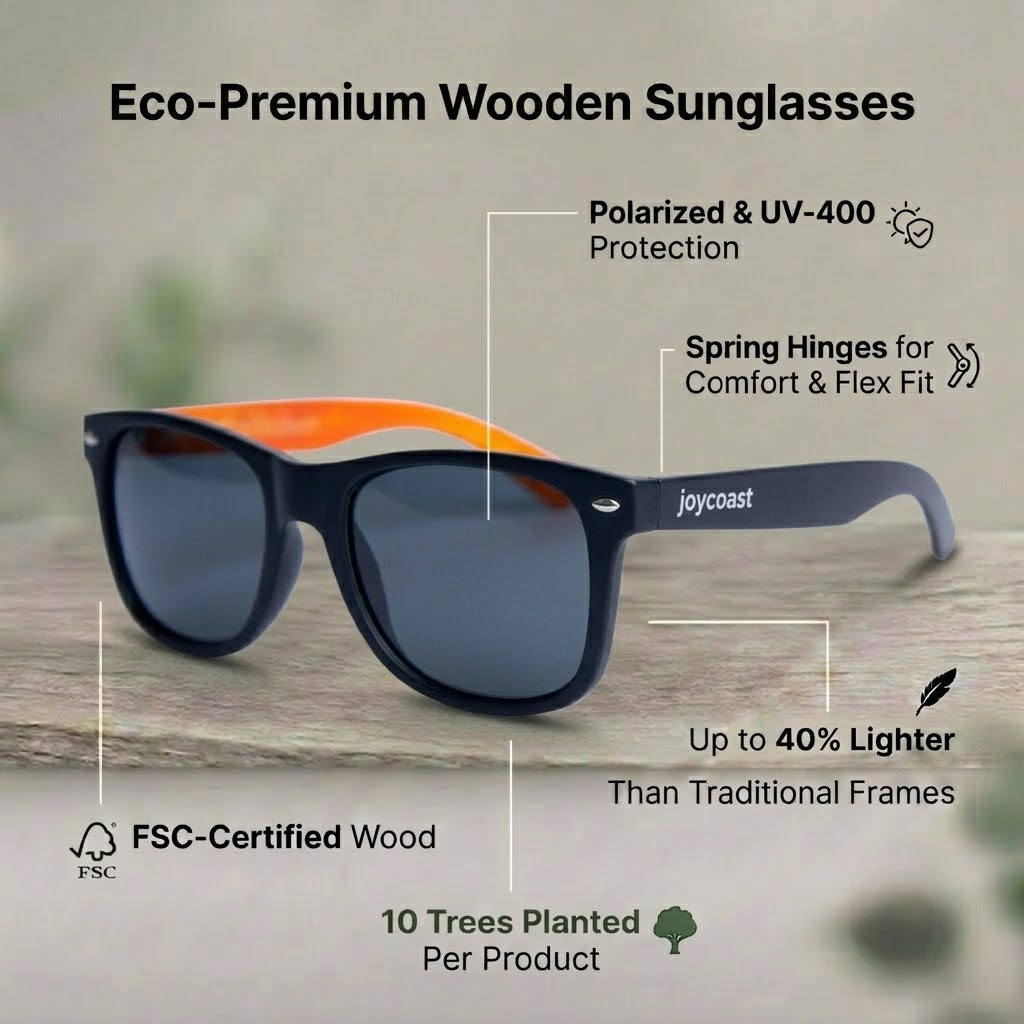 Lupe bamboo wooden sunglasses with dark frame and lenses, spring hinges, polarized UV protection