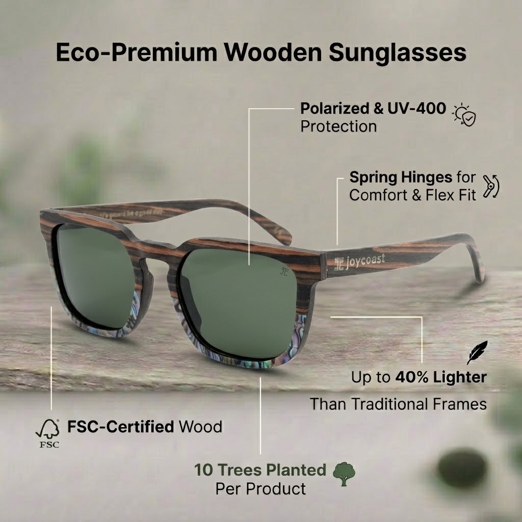 Wooden sunglasses with green lenses and dark wood patterned frame