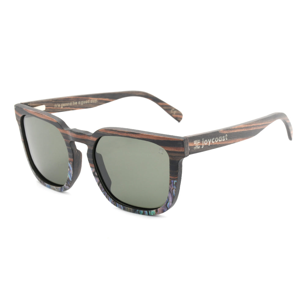 Wooden sunglasses with dark tortoiseshell-style frame and sage mirrored lenses, Joycoast