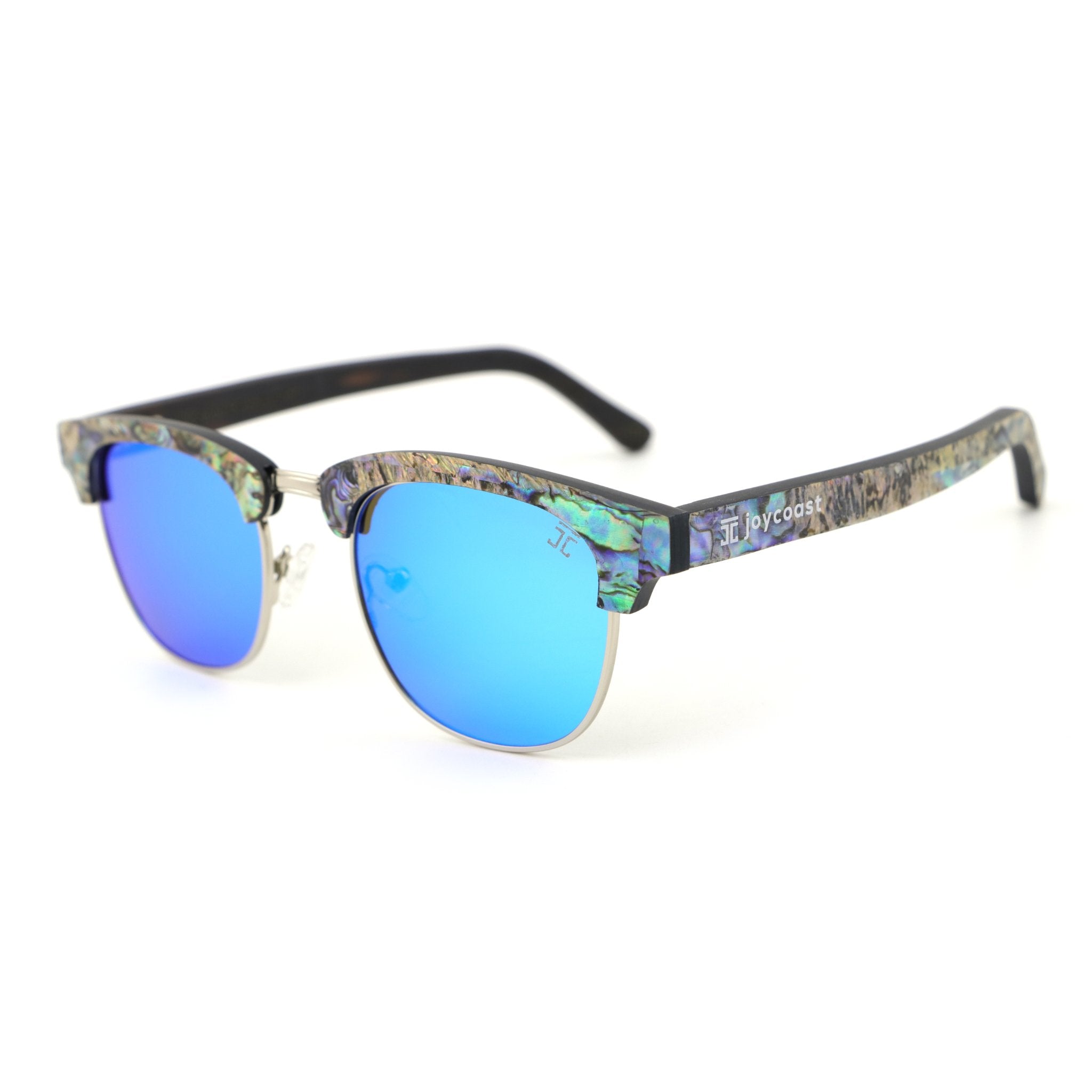 Polarized sunglasses with blue mirrored lenses and dark frame accents, abalone-style temples.