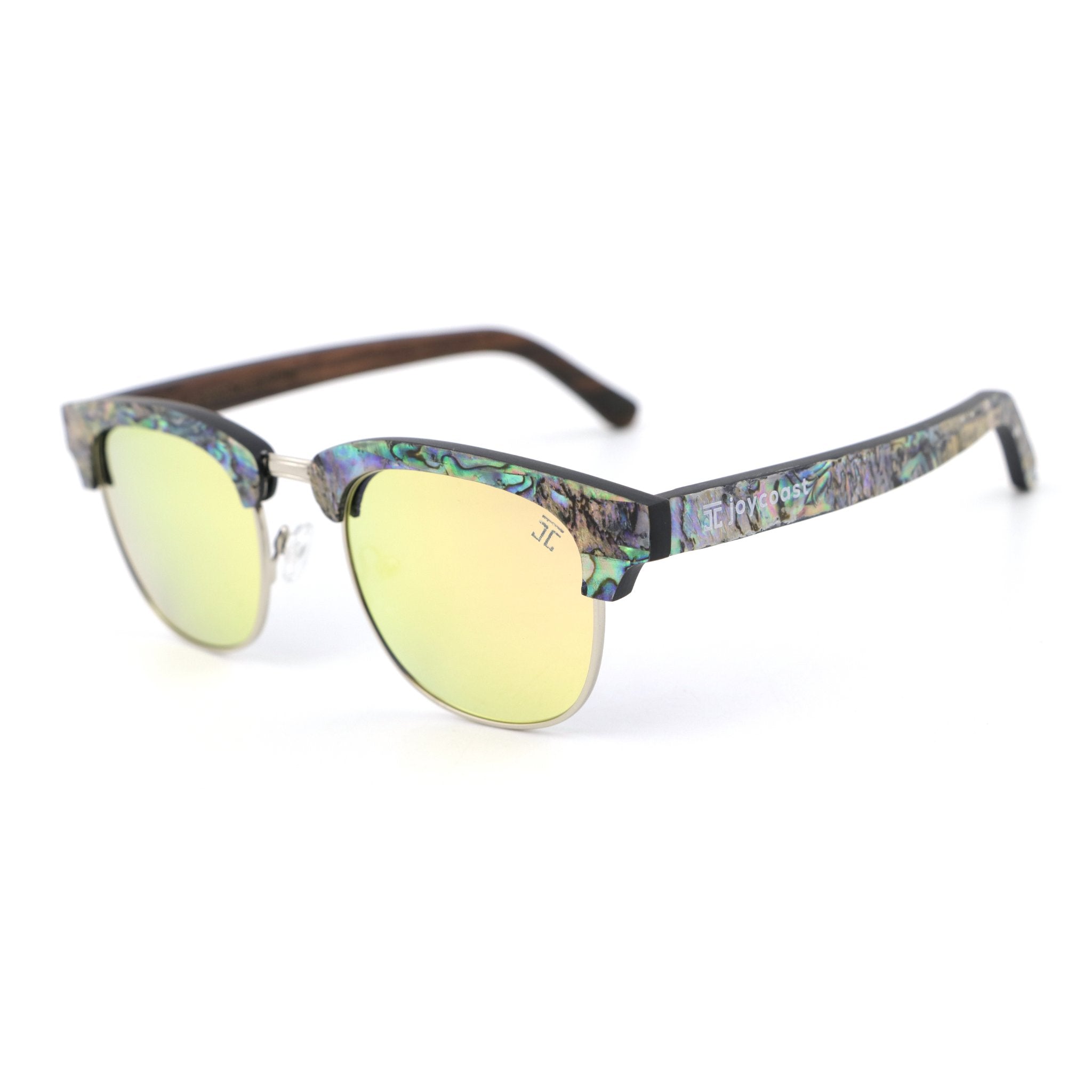 Polarized sunglasses with multicolor patterned frame and yellow mirrored lenses, oval
