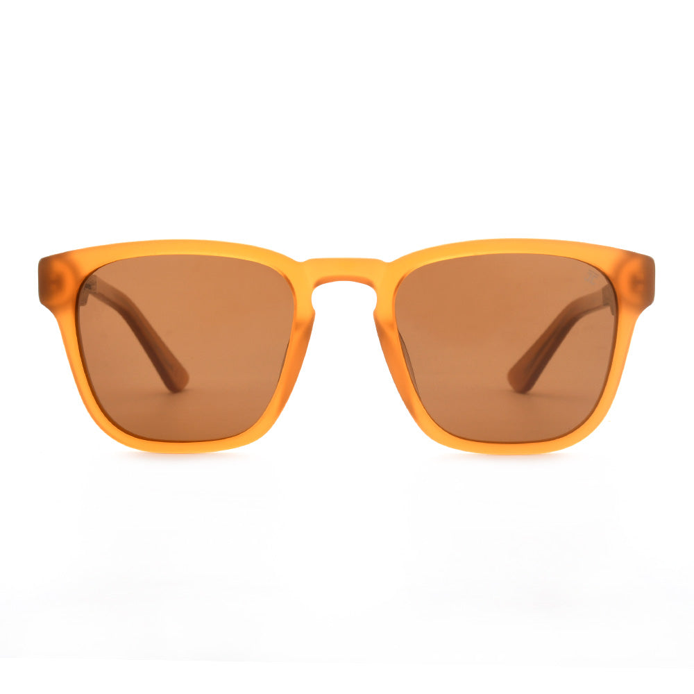 Orange square sunglasses with brown lenses and thick acetate frame