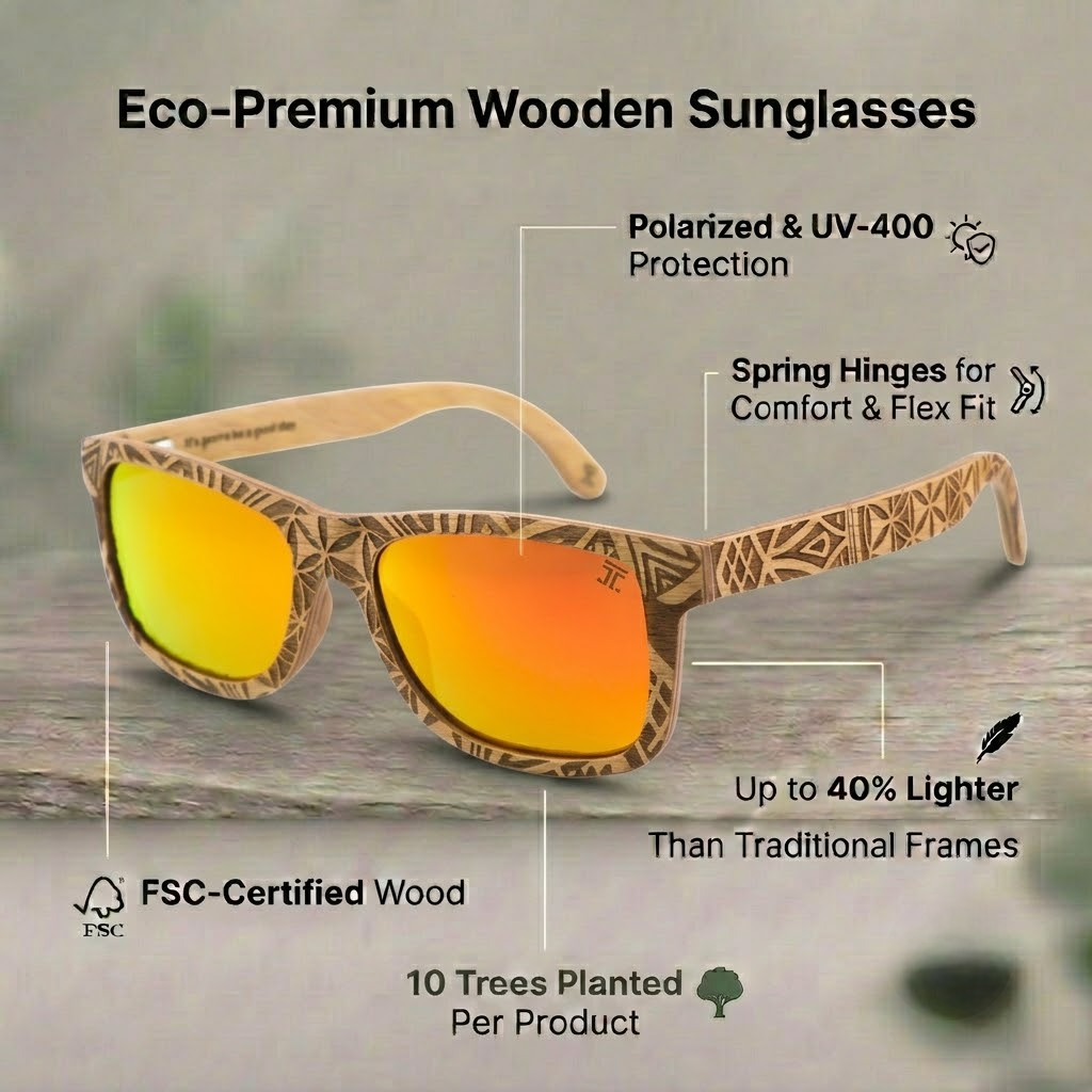 Wooden sunglasses with tan patterned frame and orange/yellow mirrored lenses