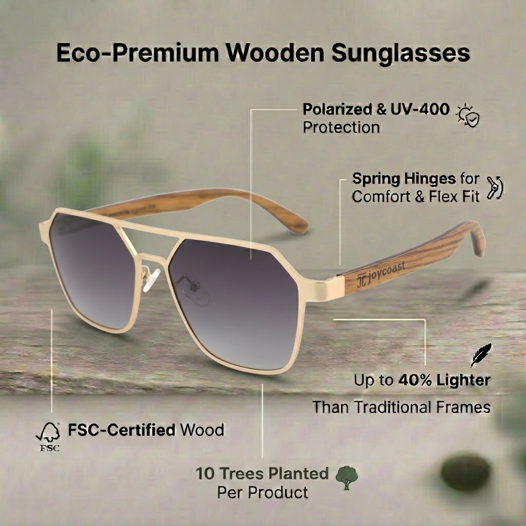 Wooden Joycoast sunglasses showcasing an eco-premium design, emphasizing sustainability and style.