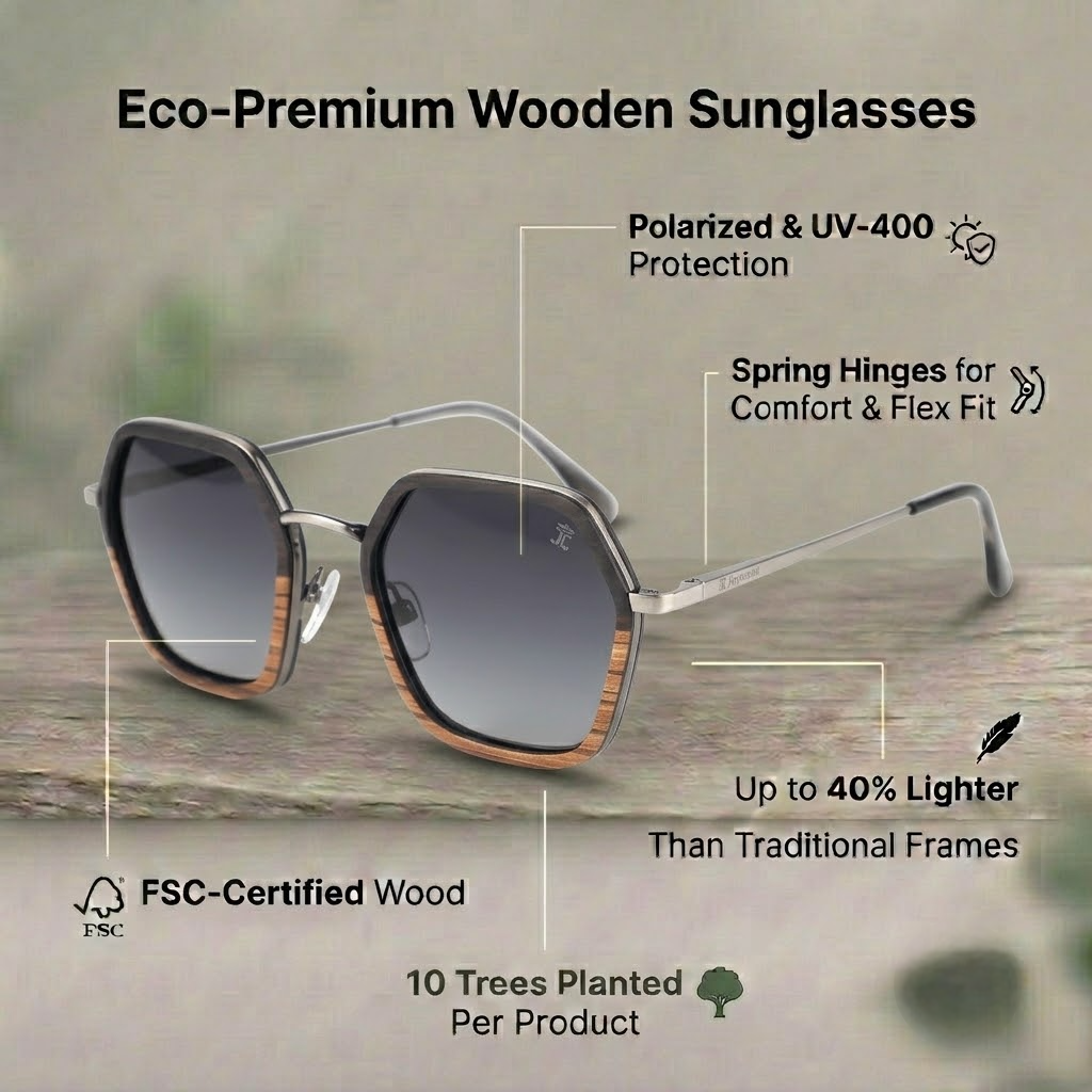 Kids wooden sunglasses with black frames, gradient dark lenses, spring hinges