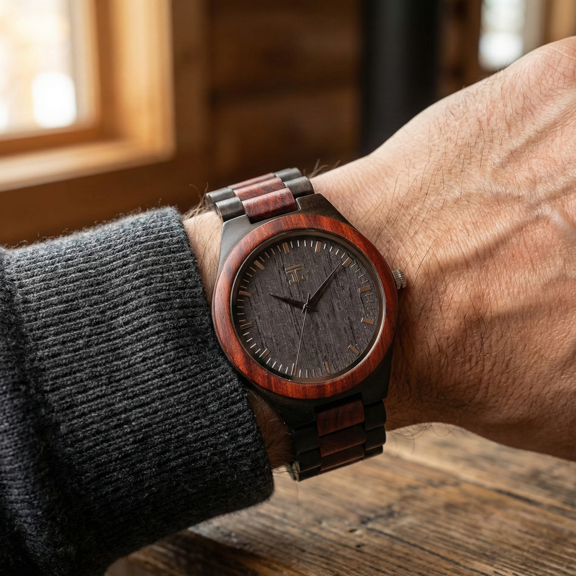 Mens wristwatch with round dark dial and wood bezel on wrist over gray sweater cuff