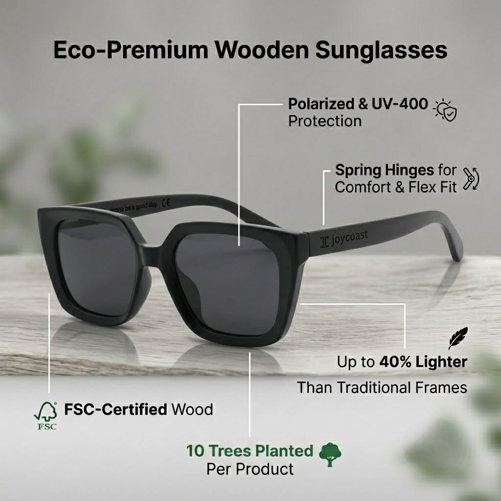 Ebony wood sunglasses with square dark lenses and thick black frames